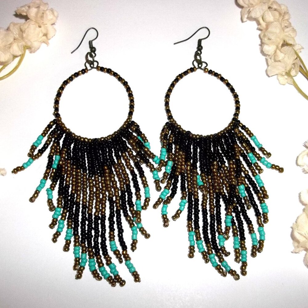 Hoop Earring, Earring, Hoops, Turquoise Blue and Black Hoops, Beaded Hoops C685